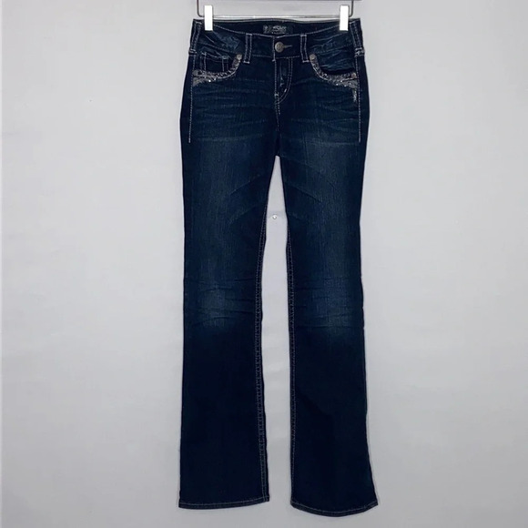 Silver Suki Mid Boot Fluid Denim Dark Wash Embellished Jeans - Size 26 - Picture 1 of 11